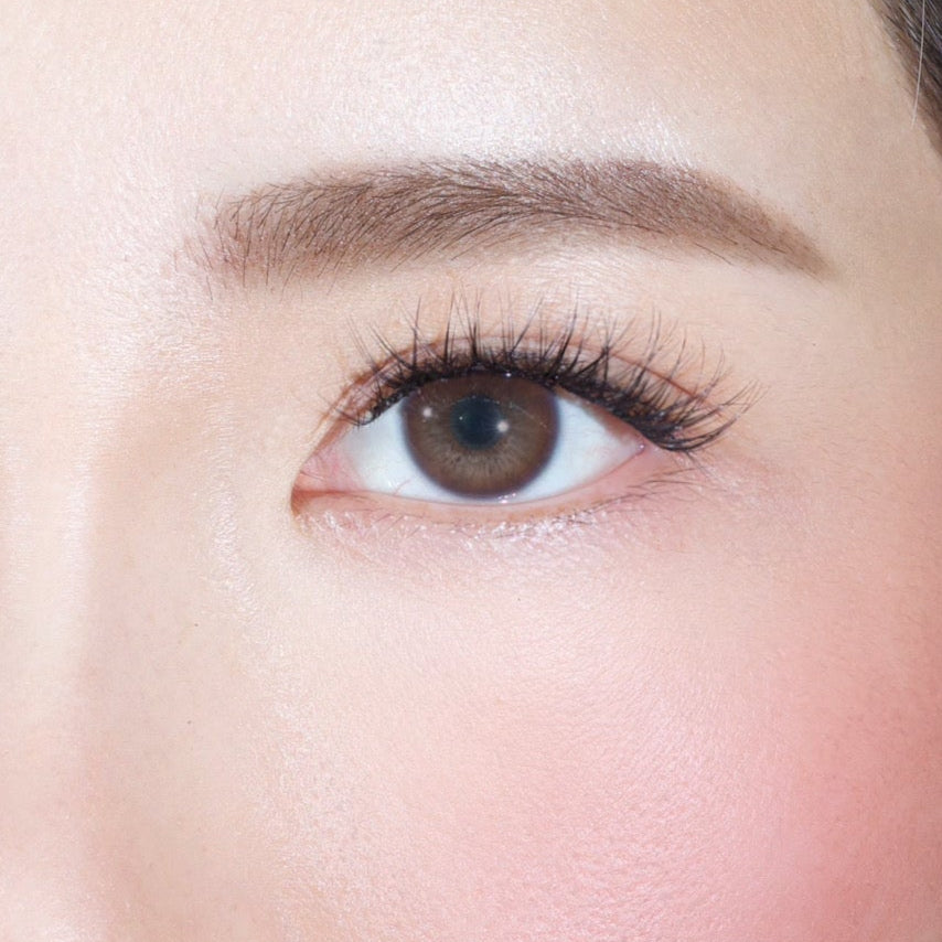 Close-up of a brown eye adorned with Lashy Labs CLASSIC FRENCH cluster lashes for a natural, soft and flawless look and a well-groomed brow. The skin is smooth with a soft natural blush on the cheek.