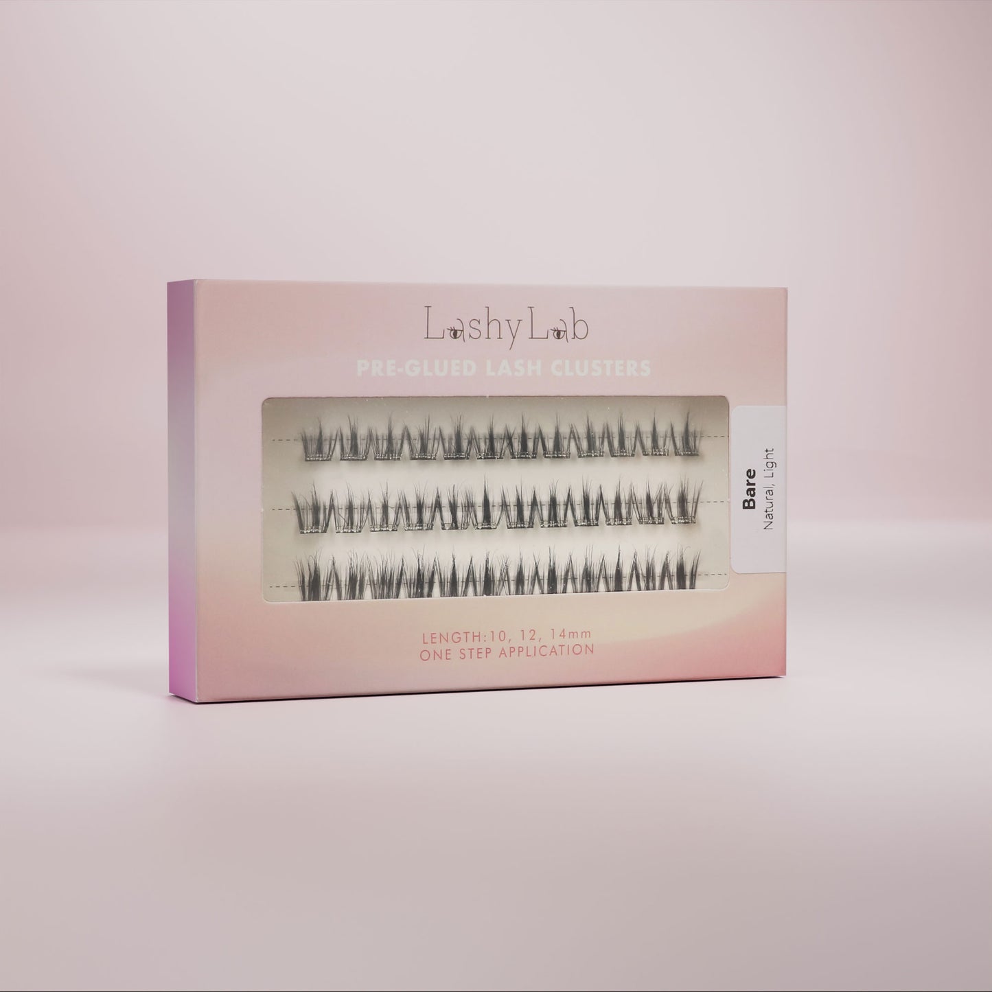 A box of pre-glued false eyelashes presented against a neutral background, with the brand name 'Lashy Lab' visible on the packaging.