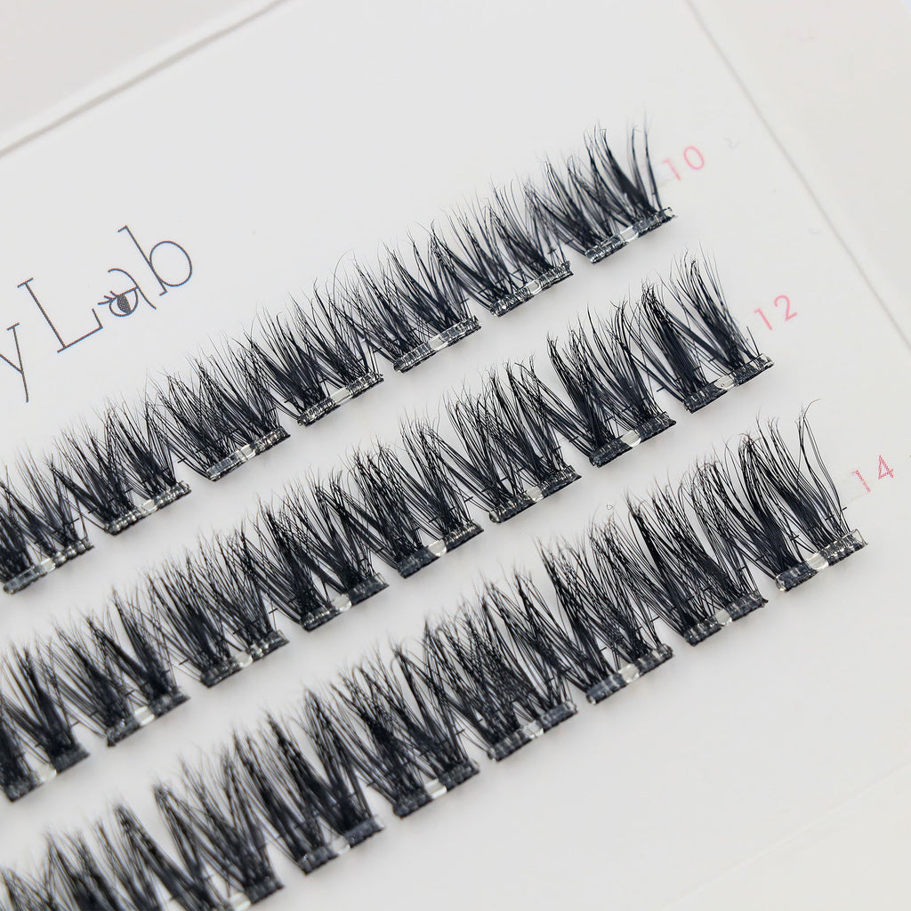 Close-up of Lashy Lab FLUTTER PRE-GLUED LASHES SET, featuring a white tray with multiple rows of neatly arranged black cluster lashes for DIY eyelash extensions
