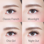 A collage of four close-up eye images highlights Lashy Lab’s PRO CLUSTER LASHES STARTER BUNDLE, displaying Classic French, Moonlight, Chic Girl, and Night Out styles with varied cluster lashes and underlash extensions.