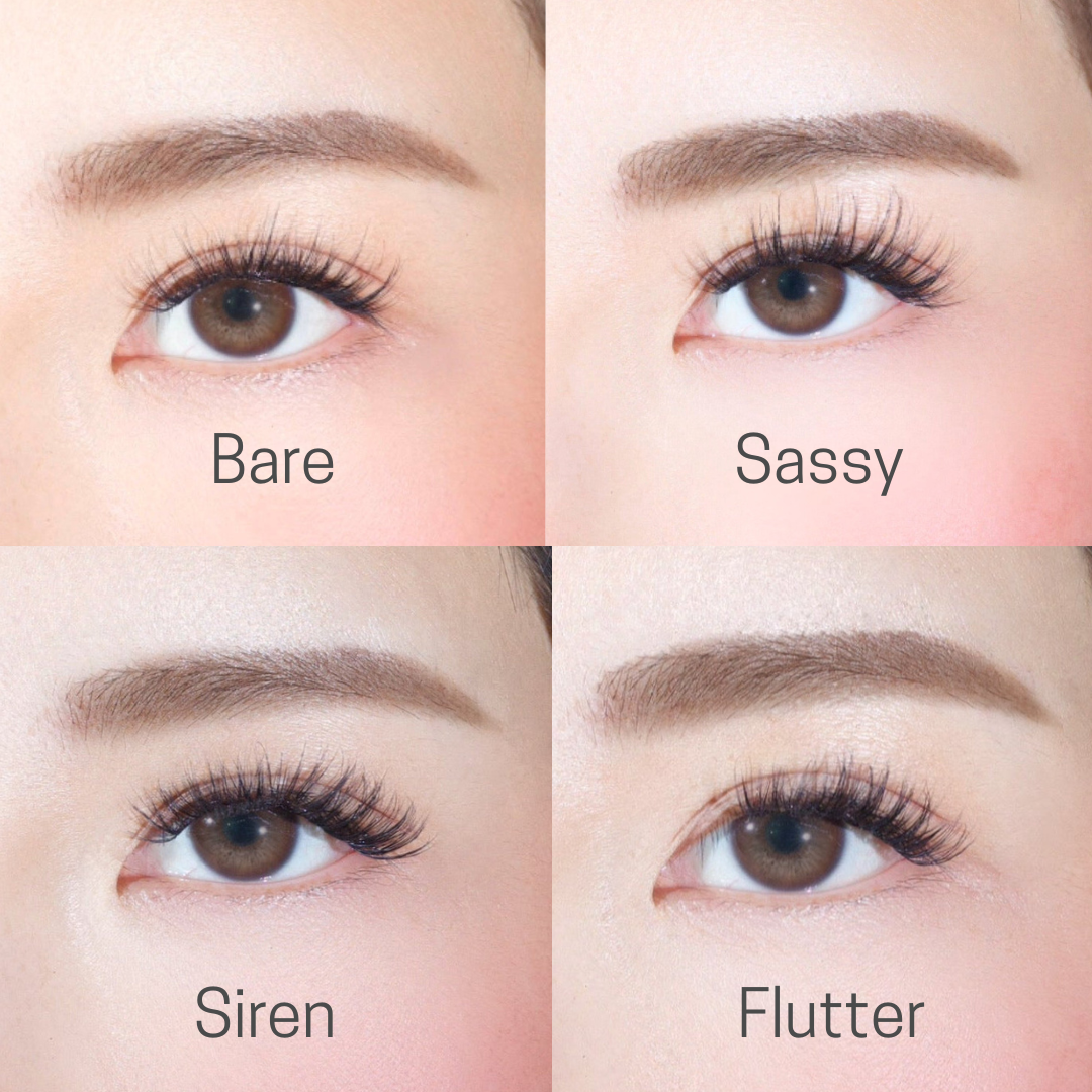 A collage shows four close-up eyes wearing Lashy Lab’s PRE-GLUED LASHES MIX-MATCH BUNDLE in Bare, Sassy, Siren, and Flutter styles, highlighting lash length and style variety for easy application.