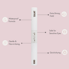 Lashy Lab Bond eyelash adhesive with features listed on a pink background. ideal for extra-strong hold, sensitive eyes, quick drying and waterproof. 