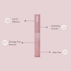 Lashy Lab LASH OFF REMOVER tube with features: Fast & Effective, Damage Free Removal, Hydrating Formula, and Latex Free—perfect for cluster and pre-glued lashes—displayed on a light pink background with simple icons.
