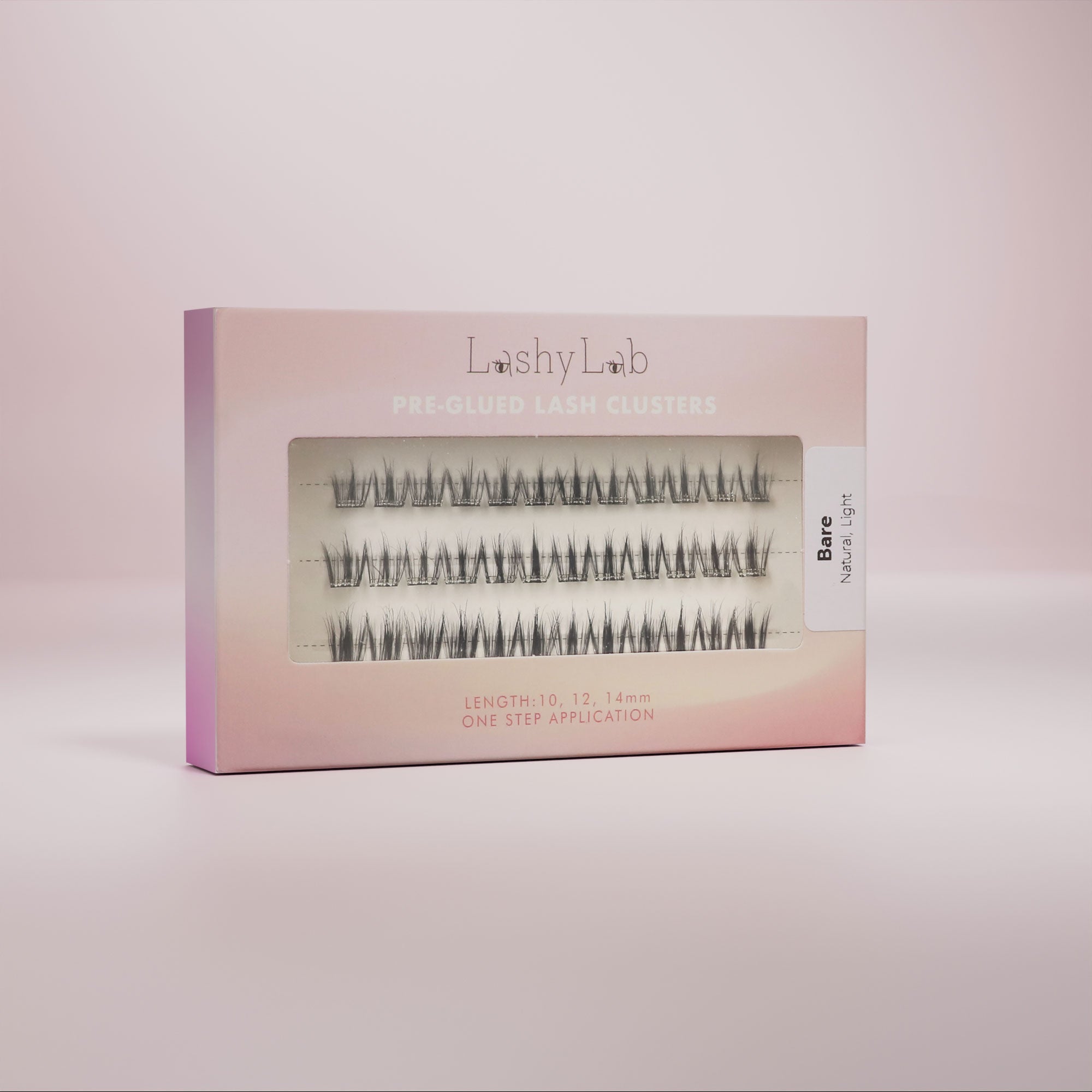 A box of pre-glued false eyelashes presented against a neutral background, with the brand name 'Lashy Lab' visible on the packaging.