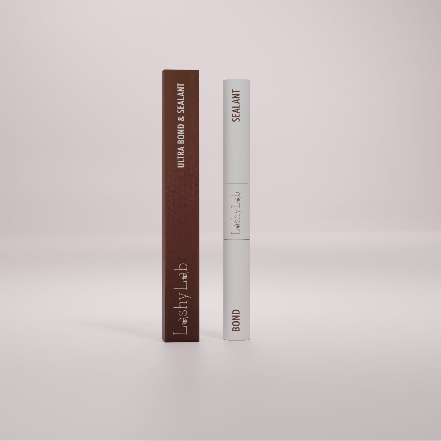 A white tube labeled Lashy Lab BOND & SEALANT stands upright on a softly lit background, its minimalist design highlighting its use for cluster lashes against a gentle gradient backdrop.