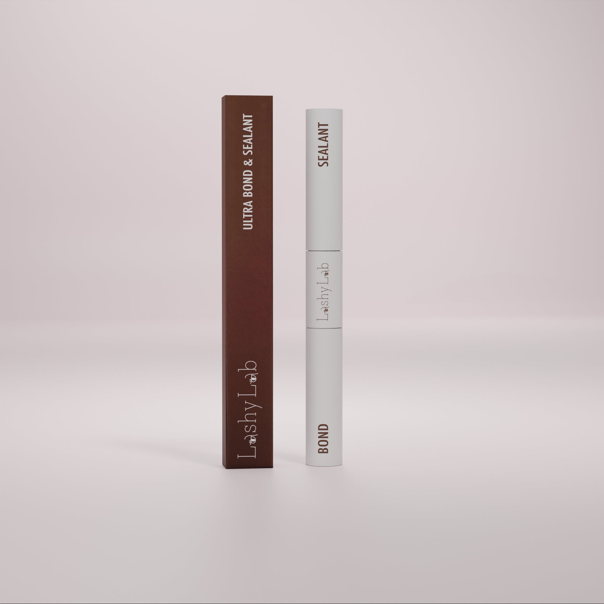 A white tube labeled Lashy Lab BOND & SEALANT stands upright on a softly lit background, its minimalist design highlighting its use for cluster lashes against a gentle gradient backdrop.
