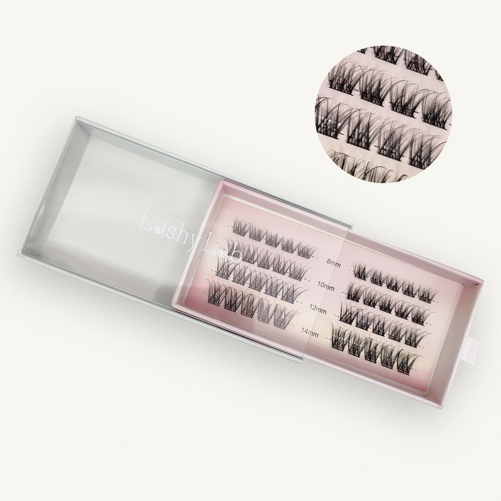 The CLASSIC FRENCH cluster lashes by Lashy Lab come in a pink and white box, labeled 8mm-14mm, with a close-up showing their texture—ideal for flawless, natural underlash extensions that last.