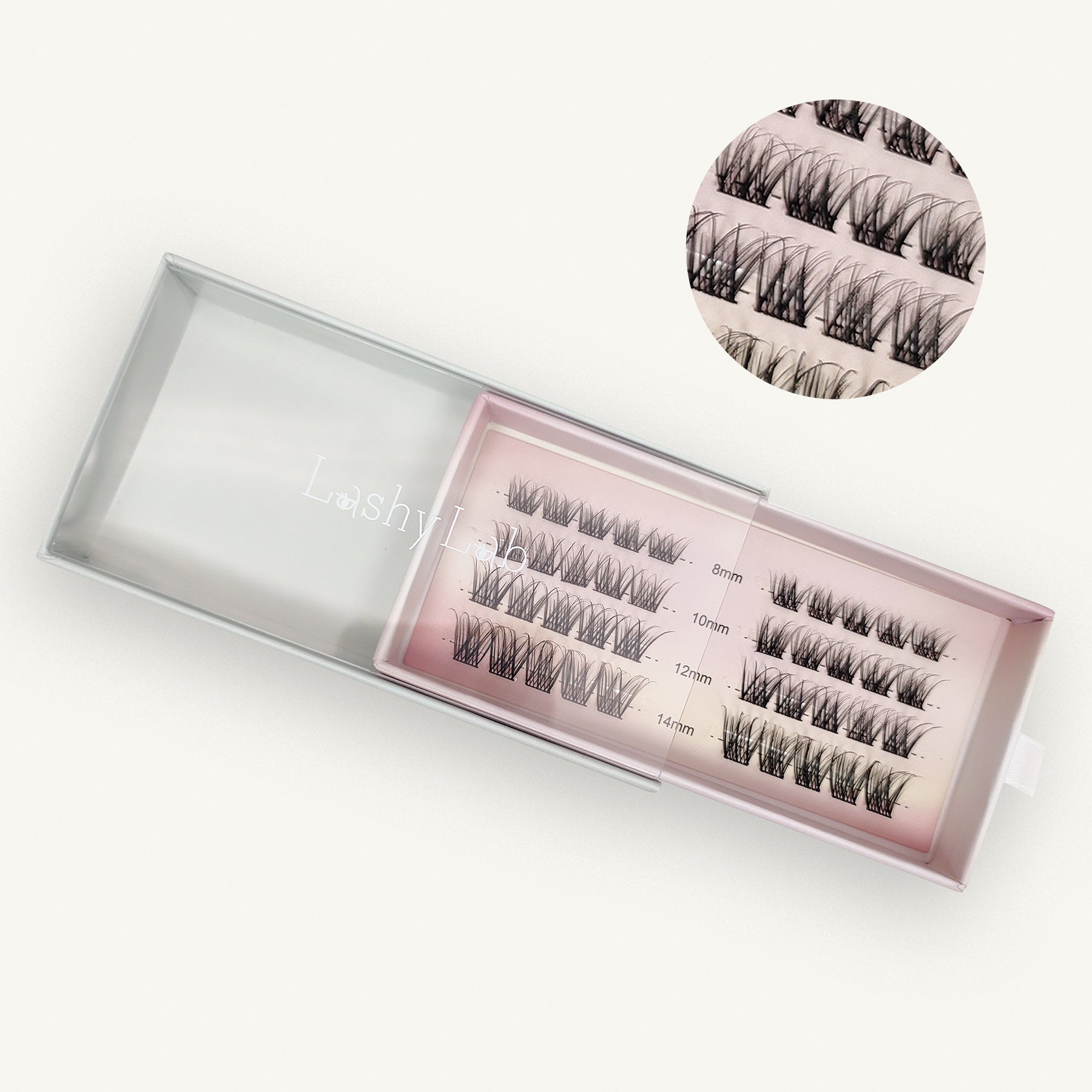 The CLASSIC FRENCH cluster lashes by Lashy Lab come in a pink and white box, labeled 8mm-14mm, with a close-up showing their texture—ideal for flawless, natural underlash extensions that last.