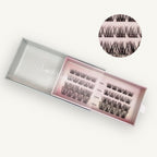 A partially opened pink and white Lashy Lab MOONLIGHT - Subtle, Light, Flare pre-glued cluster lashes box labeled 8mm, 10mm, 12mm, 14mm shows the lashes inside. Inset highlights a close-up view for easy application.