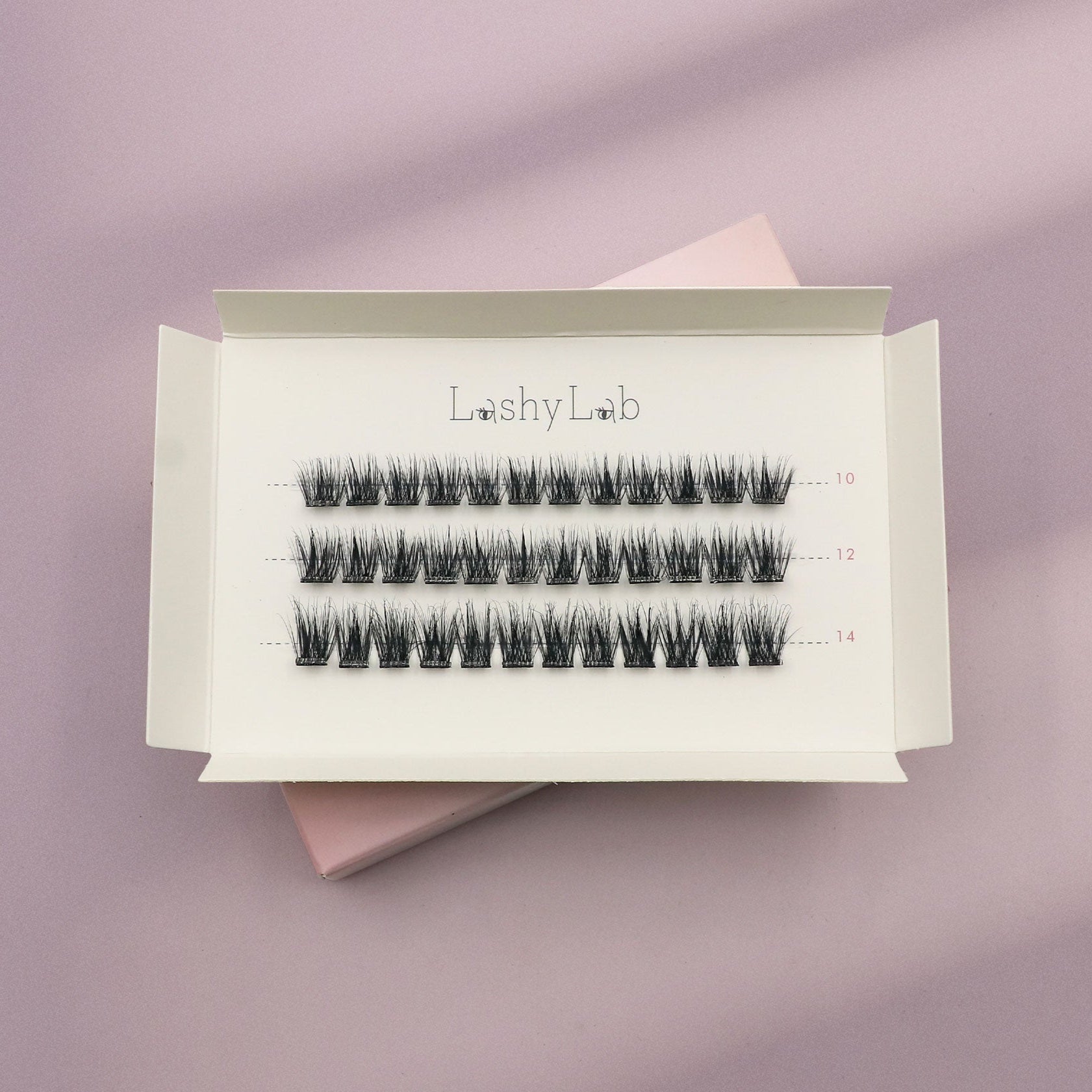 A white box labeled Lashy Lab SASSY PRE-GLUED LASHES SET holds three rows of pre-glued cluster lashes in assorted lengths, displayed on a pastel lilac and pink background for easy application.