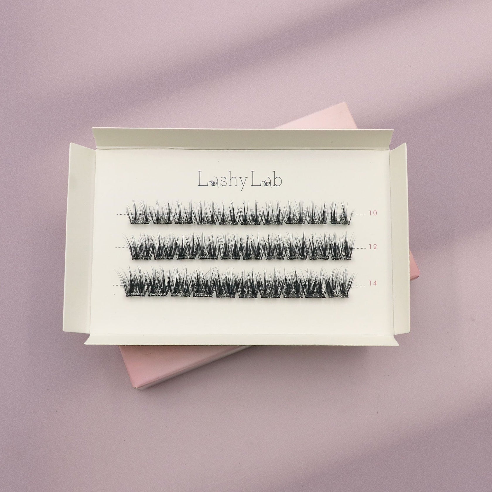 A white box labeled Lashy Lab SIREN PRE-GLUED LASHES SET holds three rows of pre-glued cluster lashes in assorted lengths, displayed on a pastel lilac and pink background for easy application.