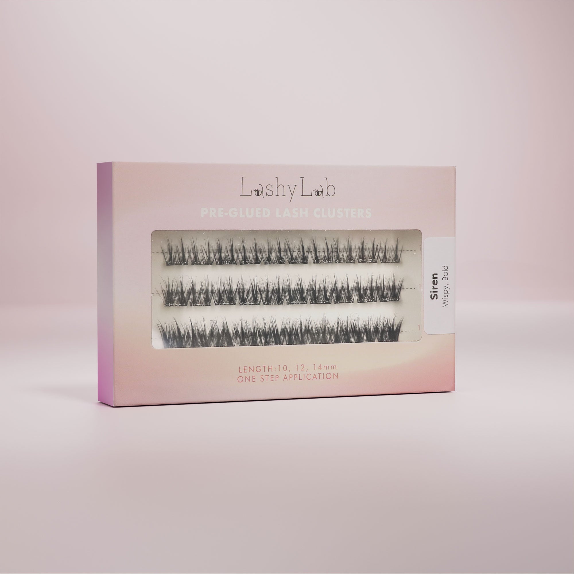 Lashy Labs SIREN pre-glued lashes in lengths 8mm, 10mm and 12mm come in multiple rows on a soft pink backdrop—Wispy, Criss-Cross, and sassy lashes that stay on for 5-7days. 